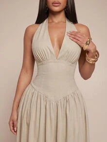 Radiana Curve Plus Size Women's Elegant Sexy Grey Linen Texture V-Neck Halter Backless Dress, Cinched Waist, Flowy, Party Brunch Cocktail Date Night Summer - Apricot - View 1