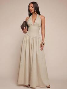 Radiana Curve Plus Size Women's Elegant Sexy Grey Linen Texture V-Neck Halter Backless Dress, Cinched Waist, Flowy, Party Brunch Cocktail Date Night Summer - Apricot - View 4