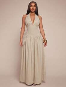 Radiana Curve Plus Size Women's Elegant Sexy Grey Linen Texture V-Neck Halter Backless Dress, Cinched Waist, Flowy, Party Brunch Cocktail Date Night Summer - Apricot - View 5