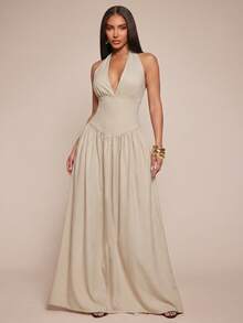 Radiana Curve Plus Size Women's Elegant Sexy Grey Linen Texture V-Neck Halter Backless Dress, Cinched Waist, Flowy, Party Brunch Cocktail Date Night Summer - Apricot - View 3