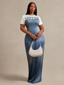 Radiana Plus Size Vacation Denim Effect Letter Print Short Sleeve Dress Beach Date Night Evening Blue Autumn Fall Sexy Baggy - Multicolor - View 4