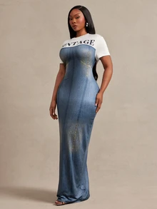 Radiana Plus Size Vacation Denim Effect Letter Print Short Sleeve Dress Beach Date Night Evening Blue Autumn Fall Sexy Baggy - Multicolor - View 5