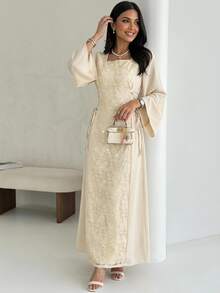 Yasveil Gaun Wanita Elegan dengan Leher Persegi, Bordir Patchwork, dan Pinggang Ramping, Musim Semi/Panas - Aprikot - View 1