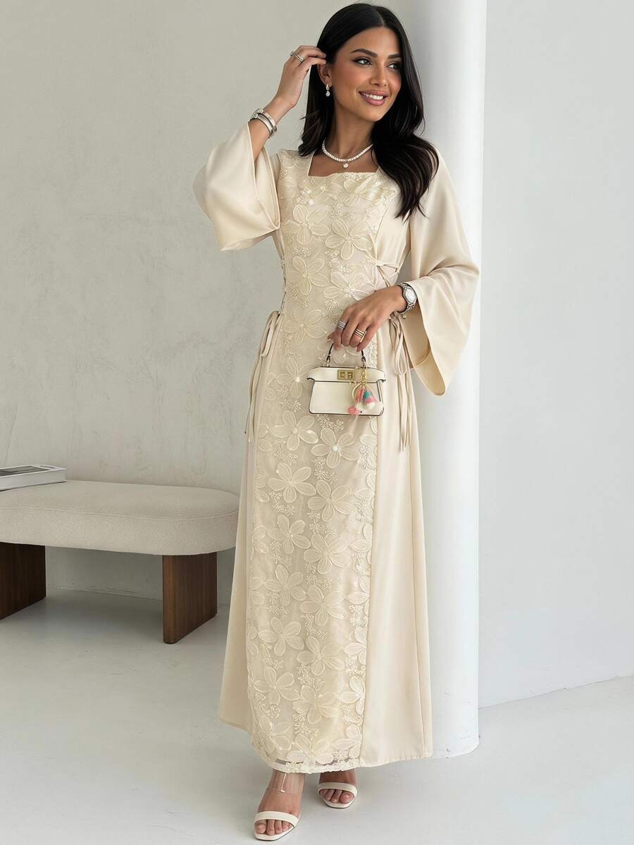 Yasveil Gaun Wanita Elegan dengan Leher Persegi, Bordir Patchwork, dan Pinggang Ramping, Musim Semi/Panas - Aprikot - View 1