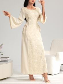 Yasveil Gaun Wanita Elegan dengan Leher Persegi, Bordir Patchwork, dan Pinggang Ramping, Musim Semi/Panas - Aprikot - View 5