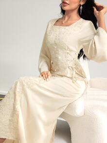 Yasveil Gaun Wanita Elegan dengan Leher Persegi, Bordir Patchwork, dan Pinggang Ramping, Musim Semi/Panas - Aprikot - View 6