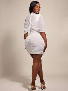 Radiana Plus Size Women's Mesh Asymmetrical Draped Sleeve Mock Neck Bodycon Mini Dress - White - View 3