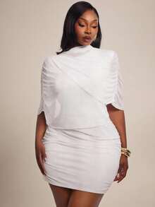 Radiana Plus Size Women's Mesh Asymmetrical Draped Sleeve Mock Neck Bodycon Mini Dress - White - View 4