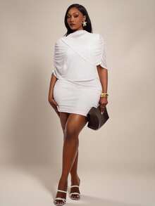 Radiana Plus Size Women's Mesh Asymmetrical Draped Sleeve Mock Neck Bodycon Mini Dress - White - View 6