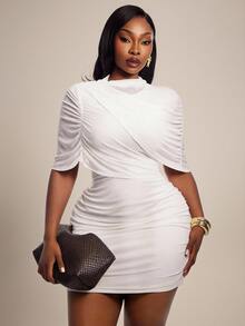 Radiana Plus Size Women's Mesh Asymmetrical Draped Sleeve Mock Neck Bodycon Mini Dress - White - View 2