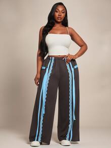 Radiana Curve Plus Size Women's Casual Cowboy Baggy Western Y2k 90s Sexy Street Style Lace Patchwork Drawstring Waist Loose Wide Leg Pants Autumn Grey And Pink - Brown - View 3