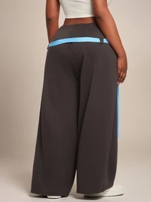 Radiana Curve Plus Size Women's Casual Cowboy Baggy Western Y2k 90s Sexy Street Style Lace Patchwork Drawstring Waist Loose Wide Leg Pants Autumn Grey And Pink - Brown - View 2