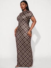 Radiana Plus Size Women's Plaid Casual Daily Summer Dress - Brown - View 7