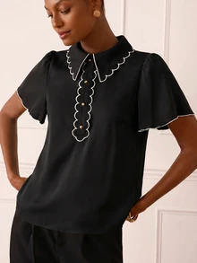 Lilora 女款優雅法式復古刺繡飾邊襯衫，教師節辦公室工作早午餐穿搭，黑白格紋夏季款 - 黑與白 - 查看 4