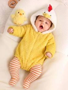 SHEIN Newborn Baby Chick Design Hooded Colorblock Fleece Romper And Striped Autumn Winter Pants Set - Yellow - View 6
