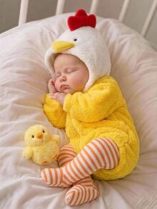 SHEIN Newborn Baby Chick Design Hooded Colorblock Fleece Romper And Striped Autumn Winter Pants Set - Yellow - View 1