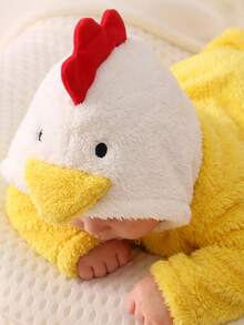 SHEIN Newborn Baby Chick Design Hooded Colorblock Fleece Romper And Striped Autumn Winter Pants Set - Yellow - View 5