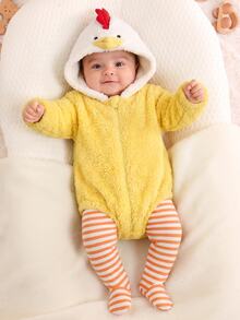 SHEIN Newborn Baby Chick Design Hooded Colorblock Fleece Romper And Striped Autumn Winter Pants Set - Yellow - View 3