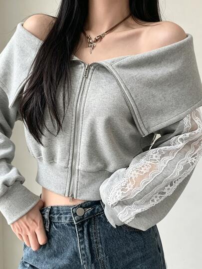 FRIFUL Women's Lace Patchwork Cold Shoulder Casual Y2k Daily Long Sleeve Sweatshirt Everyday School Light Grey Autumn Everyday School