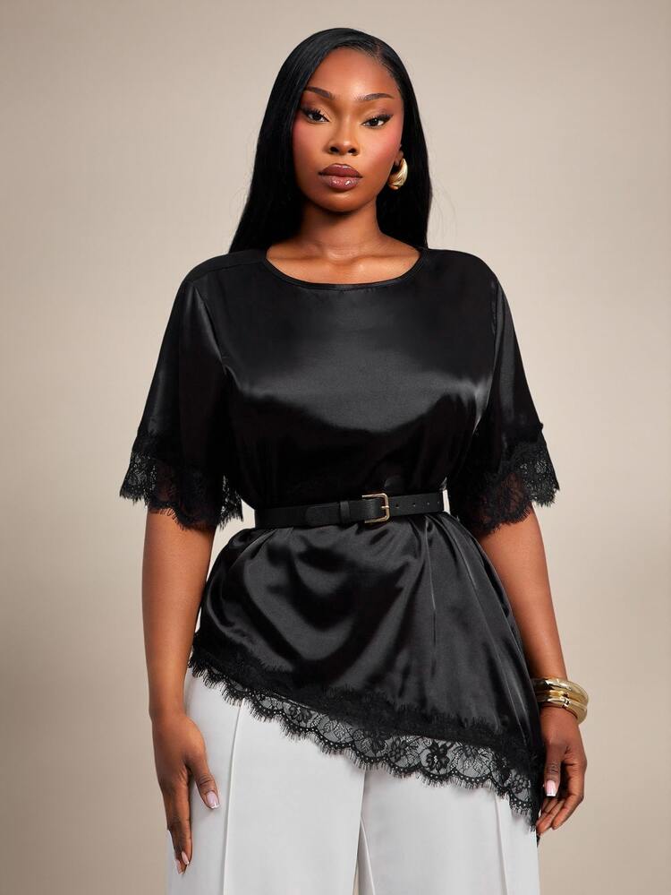 Radiana Plus Size Women's New Lace Patchwork Dinner Round Neck Short Sleeve Asymmetrical Hem Blouse Business Social Work Wear Office Attire Black - Black - View 7