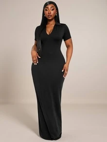 Radiana Plus Size Summer Elegant Sexy Solid Color Slim Fit Dress Date Night Black - Black - View 6
