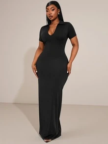 Radiana Plus Size Summer Elegant Sexy Solid Color Slim Fit Dress Date Night Black - Black - View 3
