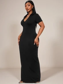 Radiana Plus Size Summer Elegant Sexy Solid Color Slim Fit Dress Date Night Black - Black - View 4