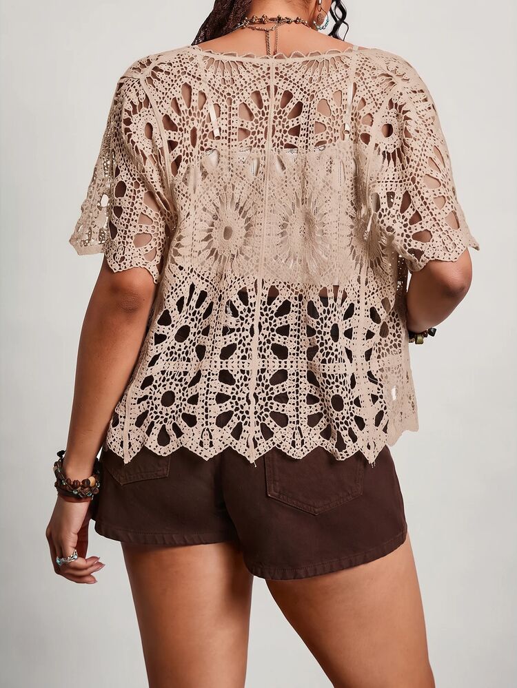 Easowa Curve Plus-Sized Women'S Summer Beige Cut-Out Woolen Cardigan Short Sleeves Straps Vacation Formal Beach Bohemian Boho Casual - Apricot - View 2