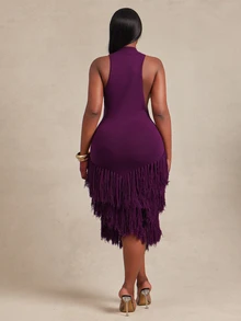 Radiana Curve Plus Size Women Solid Color Tassel Design Casual Party Knit Halter Neck Dress Fall - Purple - View 2