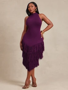 Radiana Curve Plus Size Women Solid Color Tassel Design Casual Party Knit Halter Neck Dress Fall - Purple - View 5