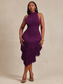 Radiana Curve Plus Size Women Solid Color Tassel Design Casual Party Knit Halter Neck Dress Fall - Purple - View 4