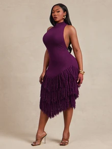 Radiana Curve Plus Size Women Solid Color Tassel Design Casual Party Knit Halter Neck Dress Fall - Purple - View 7