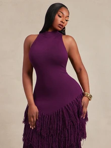 Radiana Curve Plus Size Women Solid Color Tassel Design Casual Party Knit Halter Neck Dress Fall - Purple - View 1