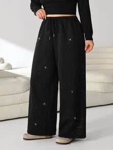 Solflare Plus Size Women's Drawstring Waist Shiny Wide Leg Sweatpants - Black - View 3