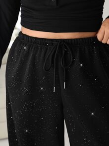 Solflare Plus Size Women's Drawstring Waist Shiny Wide Leg Sweatpants - Black - View 6