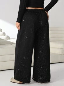 Solflare Plus Size Women's Drawstring Waist Shiny Wide Leg Sweatpants - Black - View 2