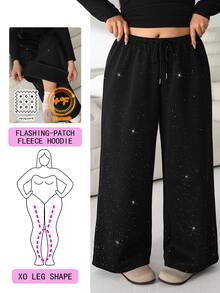 Solflare Plus Size Women's Drawstring Waist Shiny Wide Leg Sweatpants - Black - View 1