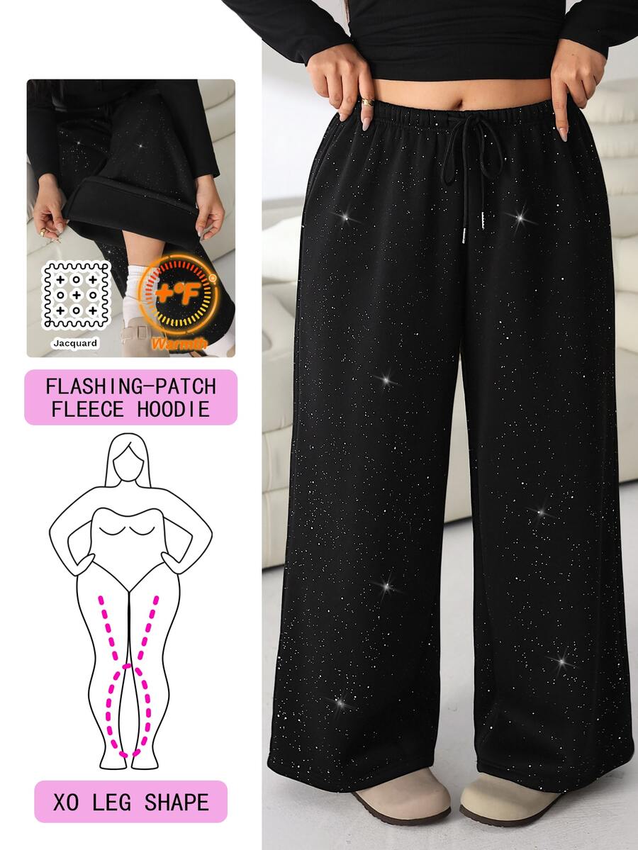 Solflare Plus Size Women's Drawstring Waist Shiny Wide Leg Sweatpants - Black - View 1