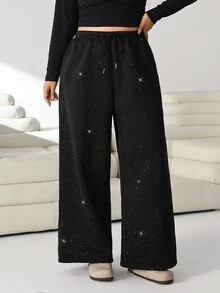 Solflare Plus Size Women's Drawstring Waist Shiny Wide Leg Sweatpants - Black - View 4