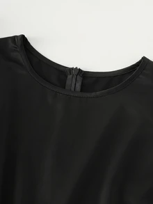Cévolie 女款小高領短洋裝，緞面袖子，貼身下擺與對比蕾絲設計 - 黑色 - 查看 4