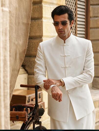 SERO LANO Men's Solid Color Long Sleeve Chinese Style Frog Button Jacket
