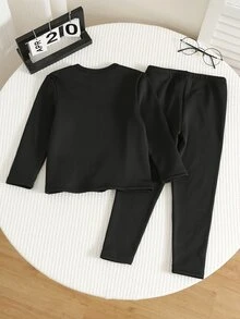 SHEIN Kids Young Boy Solid Black Fleece Lined Comfortable Minimalist Crew Neck Long Sleeve Long Pants Base Layer 2pcs Set Autumn/Winter,Y2k,Holiday,Birthday - Black - View 2