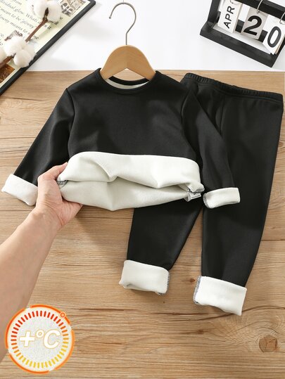 SHEIN Ensemble 2 pièces pour jeune garçon, noir unicolore, doublé polaire, confortable, minimaliste, col ras-du-cou, manches longues, pantalon long, sous-vêtement de base, automne/hiver