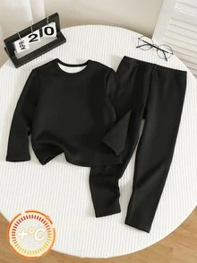 SHEIN Kids Young Boy Solid Black Fleece Lined Comfortable Minimalist Crew Neck Long Sleeve Long Pants Base Layer 2pcs Set Autumn/Winter,Y2k,Holiday,Birthday - Black - View 3
