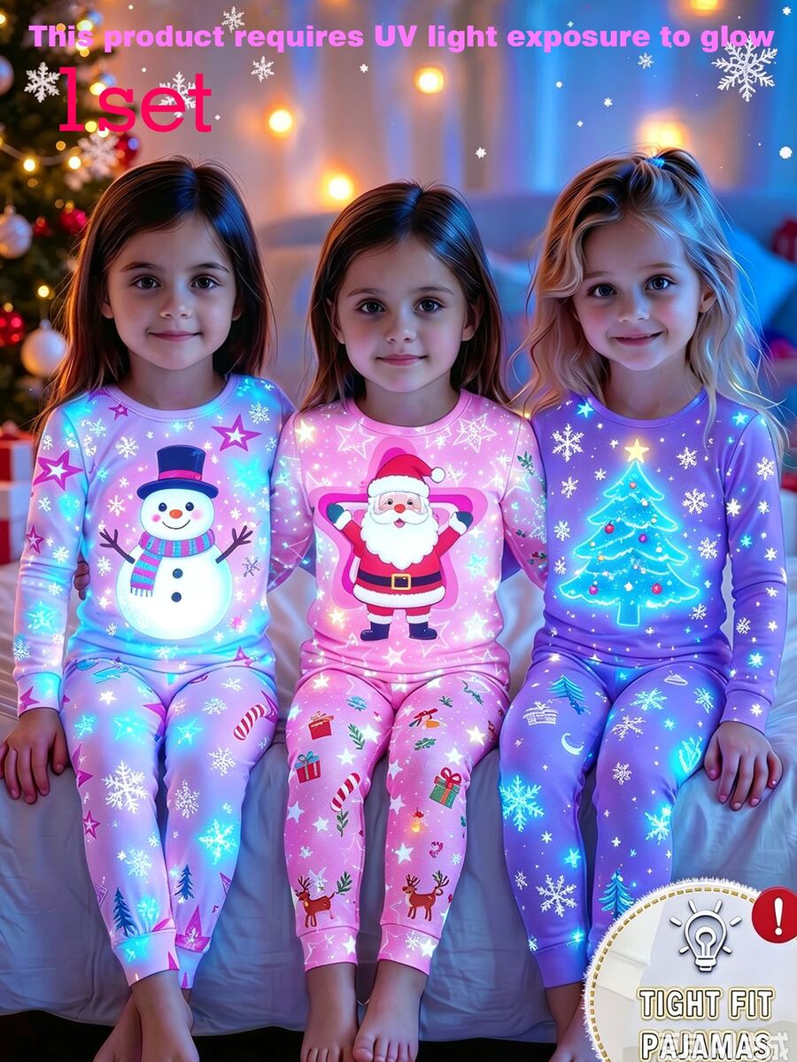 女童睡衣,秋冬聖誕主題 UV 光感螢光雪人與星星圖案,高彈力圓領上衣搭配全印花長褲 2 件套,貼身剪裁,1 套裝 - 彩色 - 查看 1