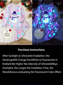 女童睡衣，秋冬聖誕主題 UV 光感螢光雪人與星星圖案，高彈力圓領上衣搭配全印花長褲 2 件套，貼身剪裁，1 套裝 - 彩色 - 查看 4