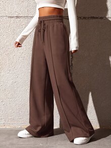 SHEIN EZwear 女款純色抽繩腰寬腿寬鬆休閒運動長褲，畢業季、教師、返校日常工作正式款，深棕色，夏季 - 棕色 - 查看 5