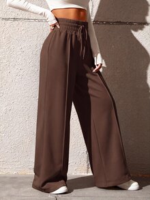SHEIN EZwear 女款純色抽繩腰寬腿寬鬆休閒運動長褲，畢業季、教師、返校日常工作正式款，深棕色，夏季 - 棕色 - 查看 4