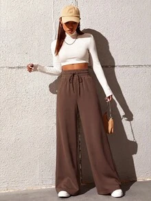 SHEIN EZwear 女款純色抽繩腰寬腿寬鬆休閒運動長褲，畢業季、教師、返校日常工作正式款，深棕色，夏季 - 棕色 - 查看 3