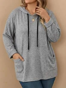 Rosumi Plus Size Women Solid Color Drawstring Hooded Casual Soft Form Traditional Daily Vacation Formal T-Shirt Kelly Green Autumn Fall Formal Beach Vacation - Grey - View 2